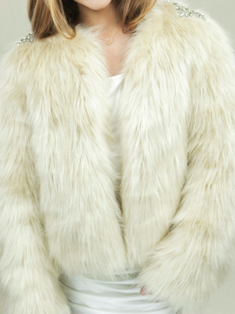Joyfolie Faux Fur Jacket with Embellished Shoulders - Picture 12 of 12